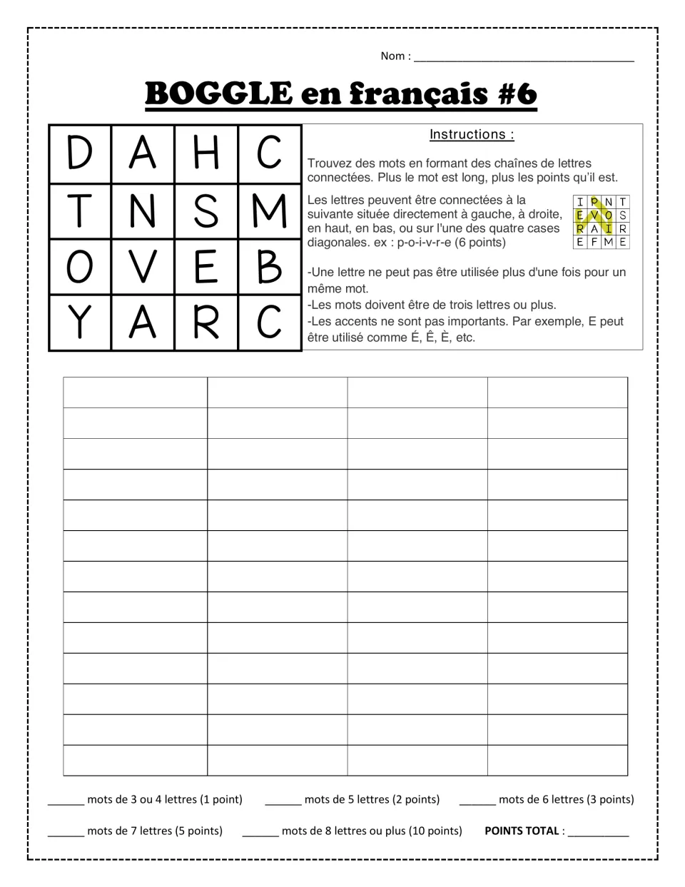 BOGGLE en français #6: students spell French words from D A H C, T N S M, O V E B, Y A R C and score them by word length