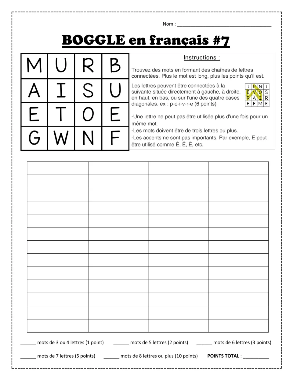 BOGGLE en français #7: French vocabulary recall using M U R B, A I S U, E T O E, G W N F, with points for longer words