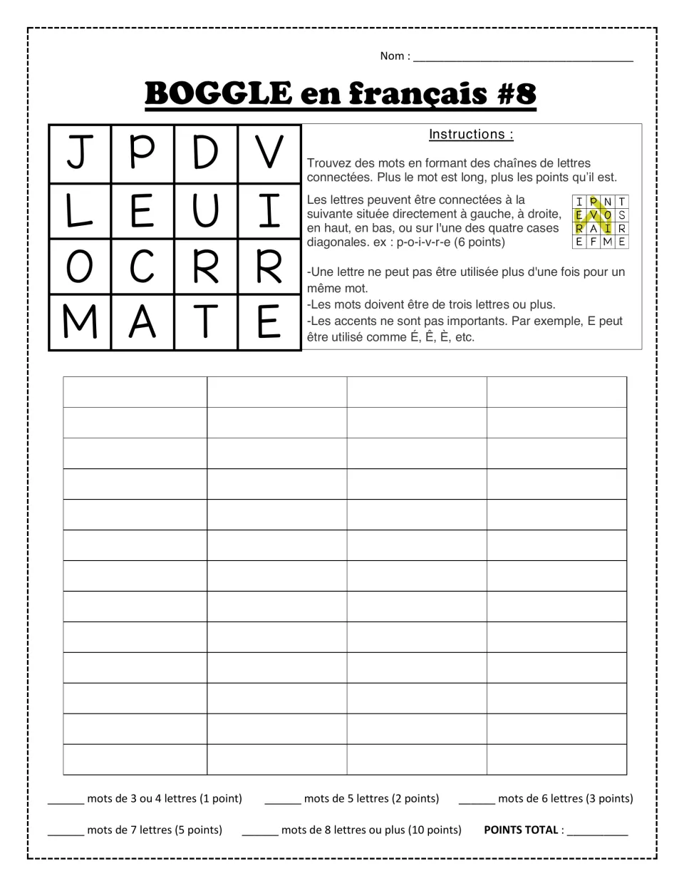 BOGGLE en français #8: students trace French words through J P D V, L E U I, O C R R, M A T E and record them to score