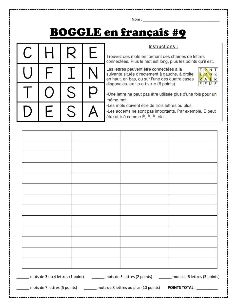 BOGGLE en français #9: letters C H R E, U F I N, T O S P, D E S A for spelling French words and counting points earned