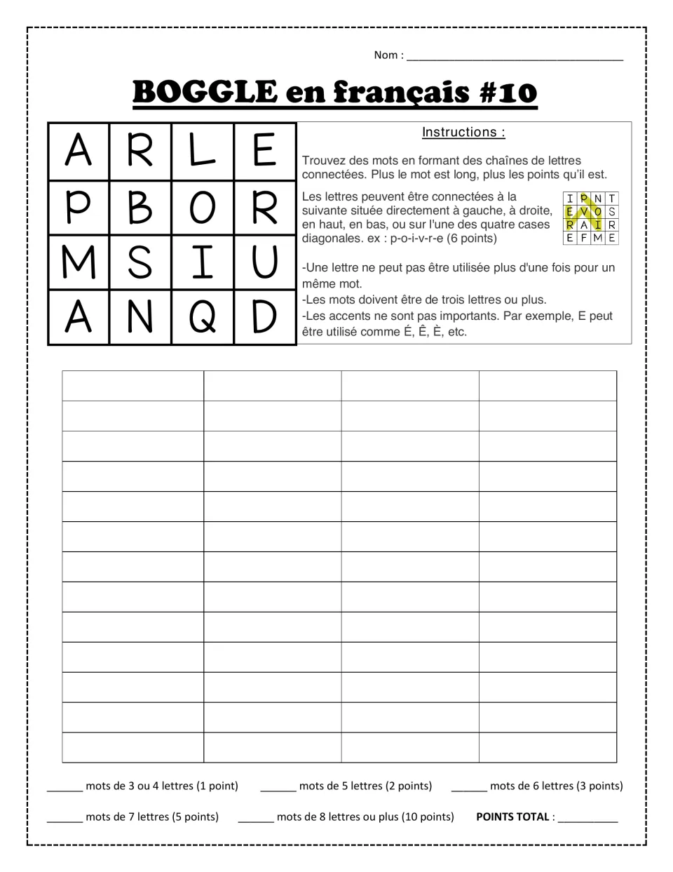 BOGGLE en français #10: French word hunt in A R L E, P B O R, M S I U, A N Q D, writing each word found and the total