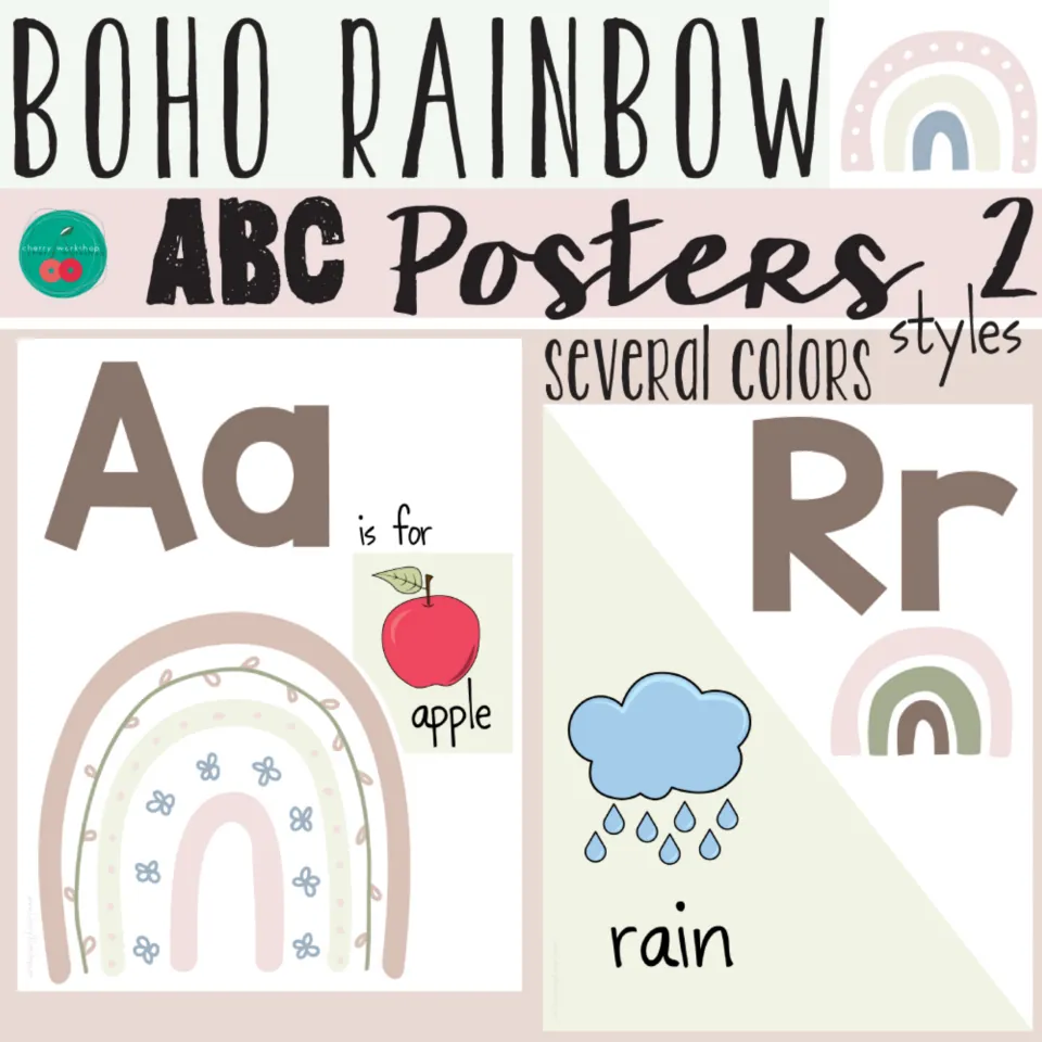 Boho Rainbow ABC Posters cover in 2 styles and several colors, showing sample Aa apple and Rr rain cards