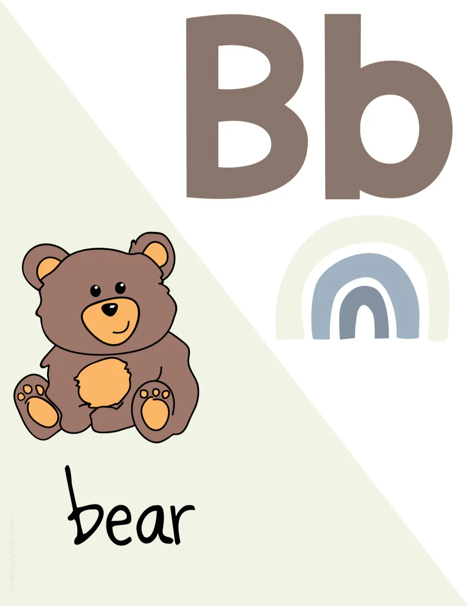 Letter Bb poster: big Bb beside a brown teddy bear picture labeled bear to link the letter with its sound