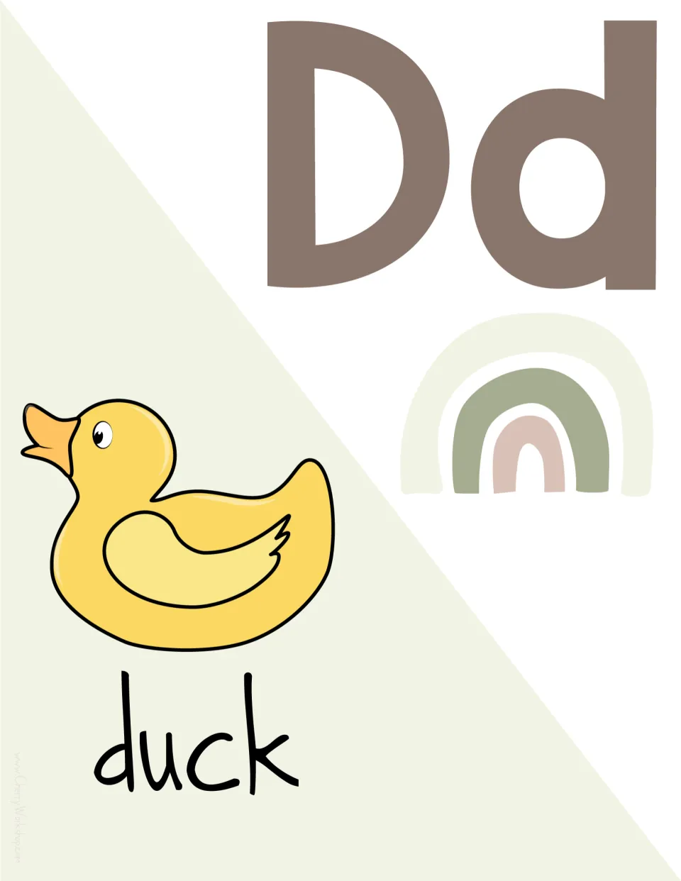 Letter Dd poster: capital and small Dd paired with a yellow rubber duck picture and the word duck
