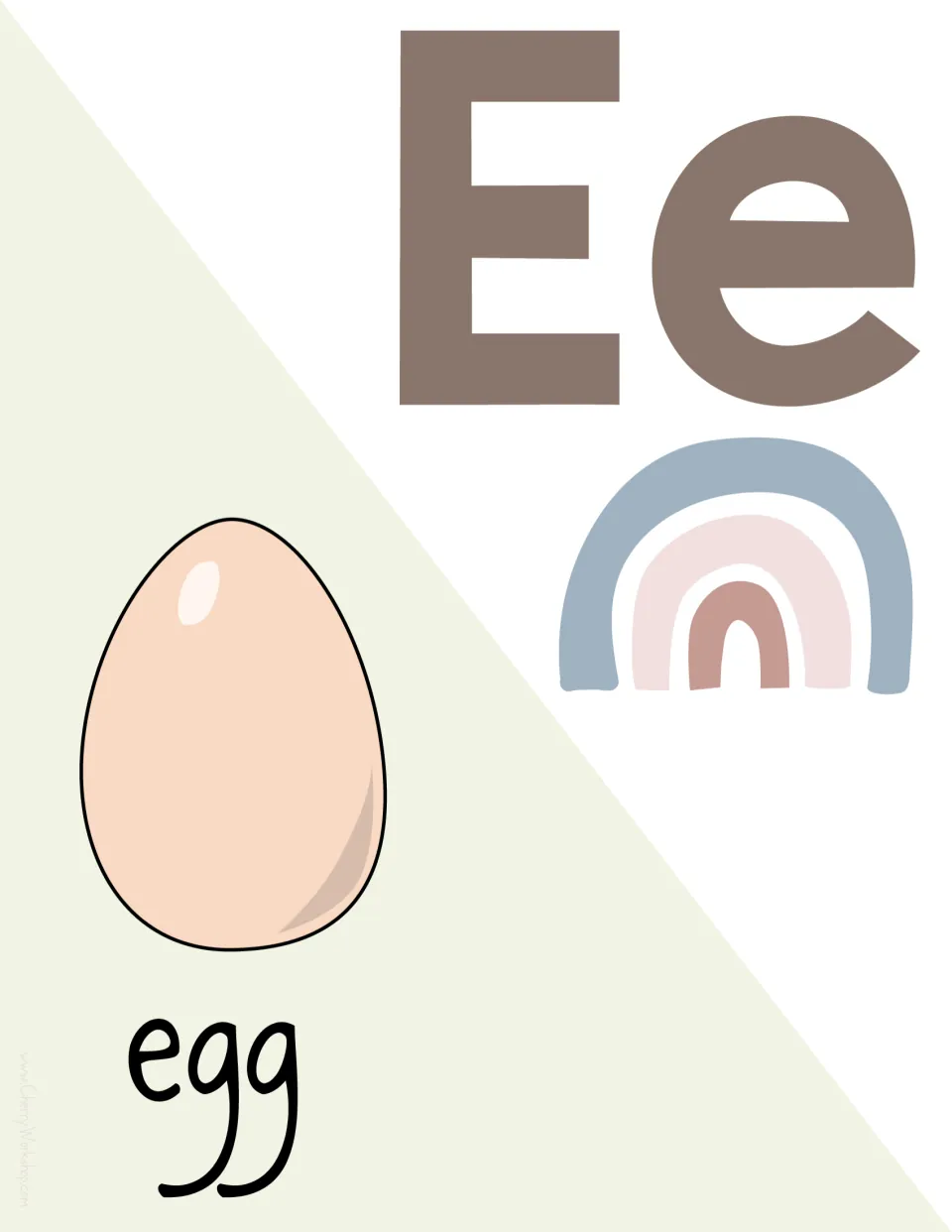 Letter Ee poster: large Ee with a peach egg illustration and the word egg as the short e keyword