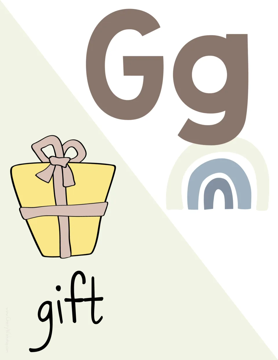 Letter Gg poster: capital and lowercase Gg beside a yellow wrapped gift with a bow and the word gift