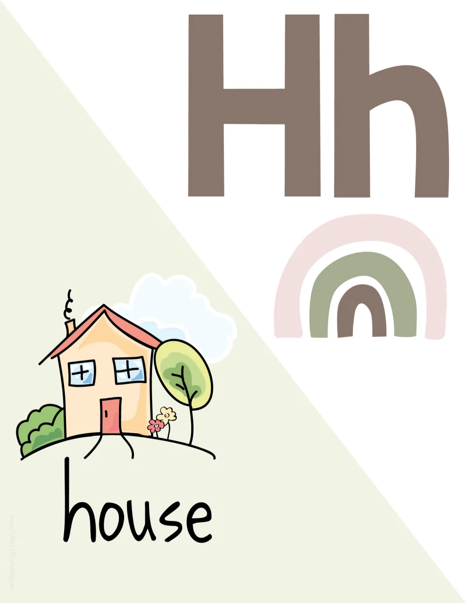 Letter Hh poster: large Hh with a house, tree and cloud drawing and the keyword house for the h sound