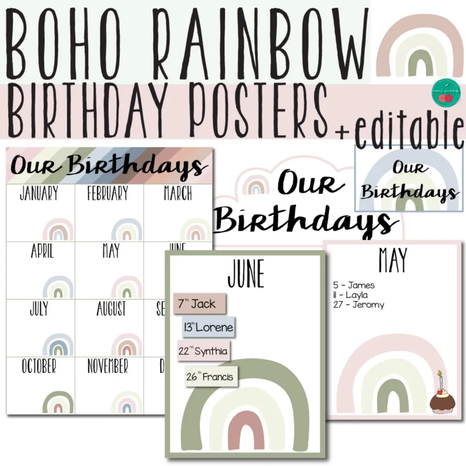 Boho Rainbow Birthday Posters + editable cover: Our Birthdays month chart, cloud header and June and May month posters