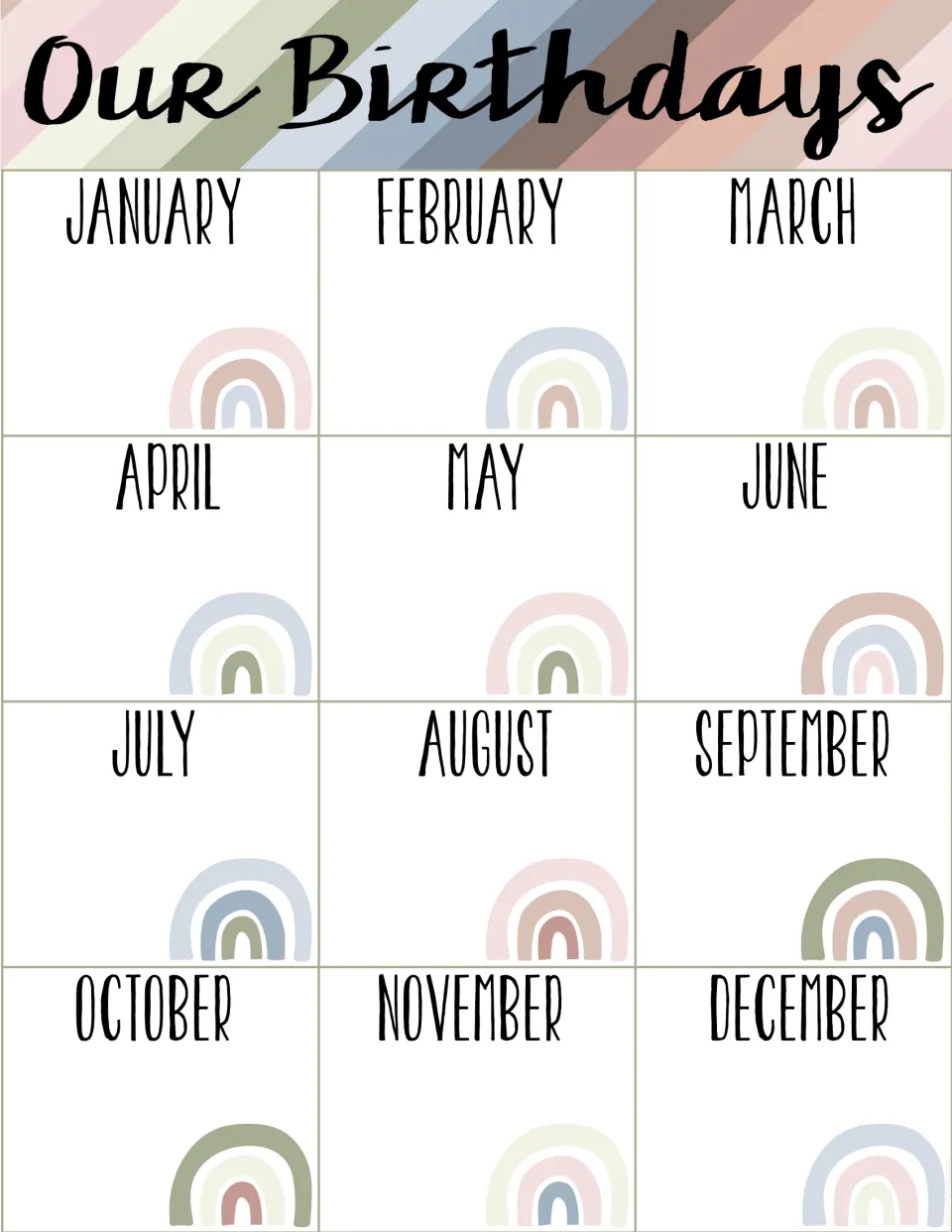 Our Birthdays chart with a striped rainbow header and a space for each month, January to December, with small rainbows