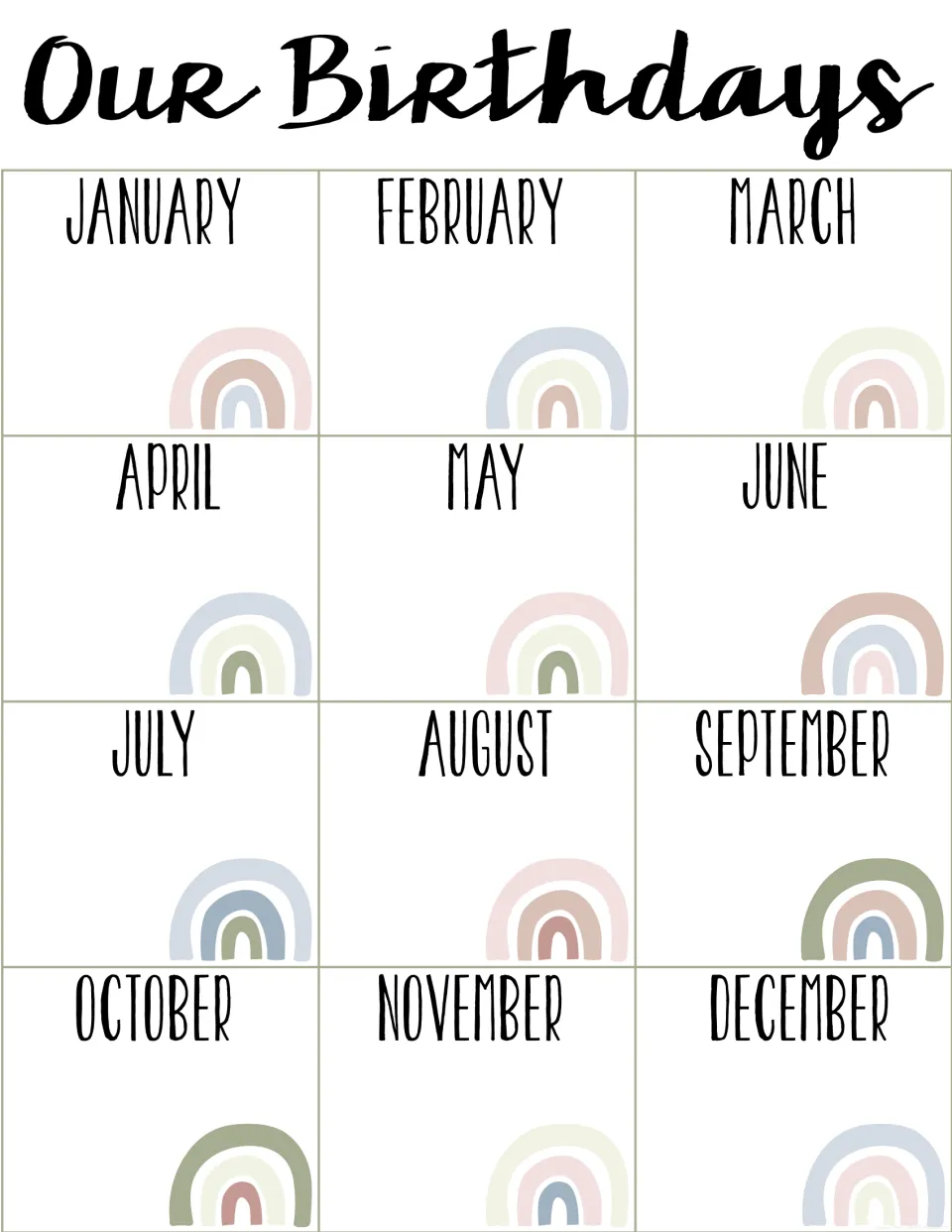 Our Birthdays chart on a plain white header, with January to December spaces and a pastel rainbow in each month