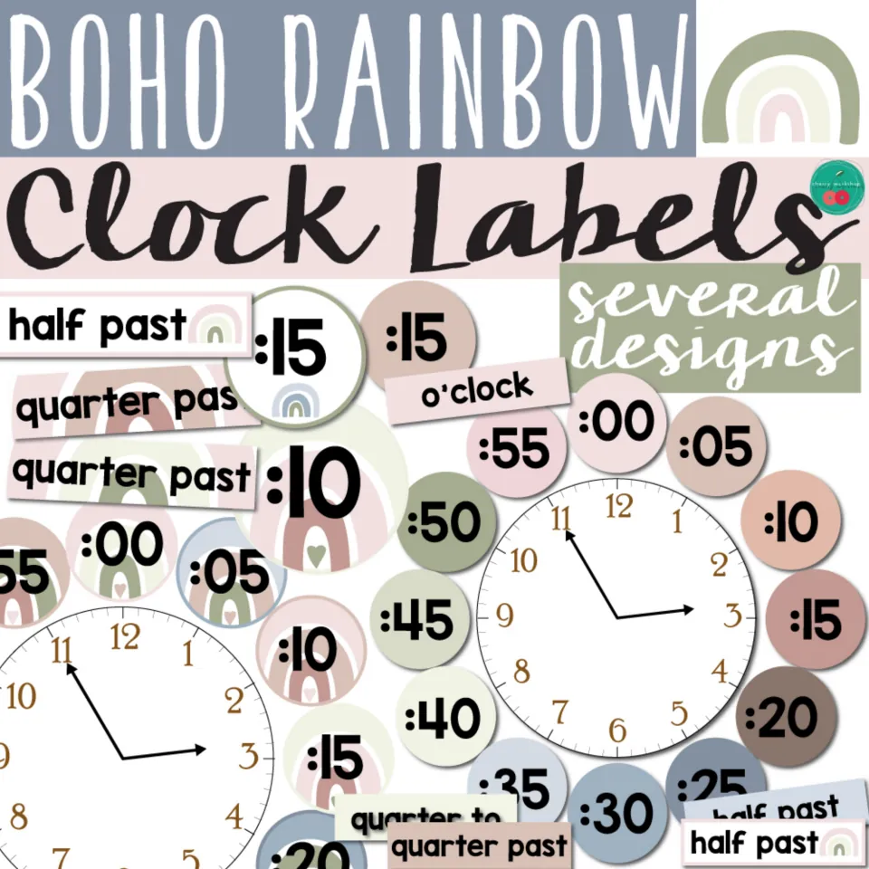 Boho Rainbow Clock Labels cover: minute circles :00 to :55, half past and quarter to tags around two analog clocks