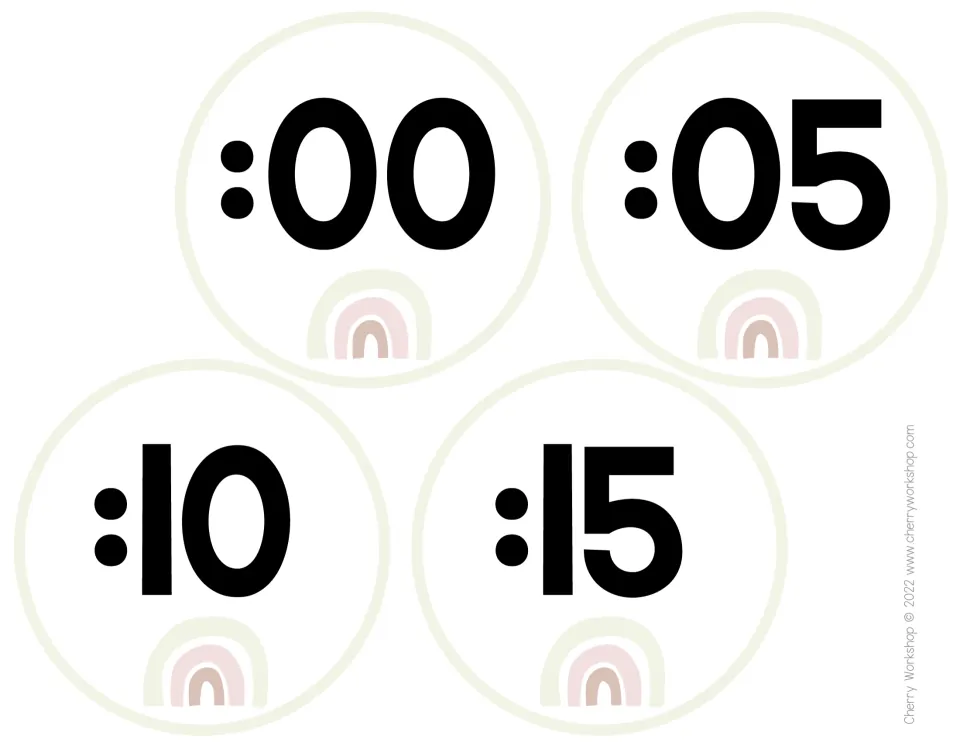 Round minute labels :00, :05, :10 and :15 in a cream design, each with a small pink and tan rainbow under the number