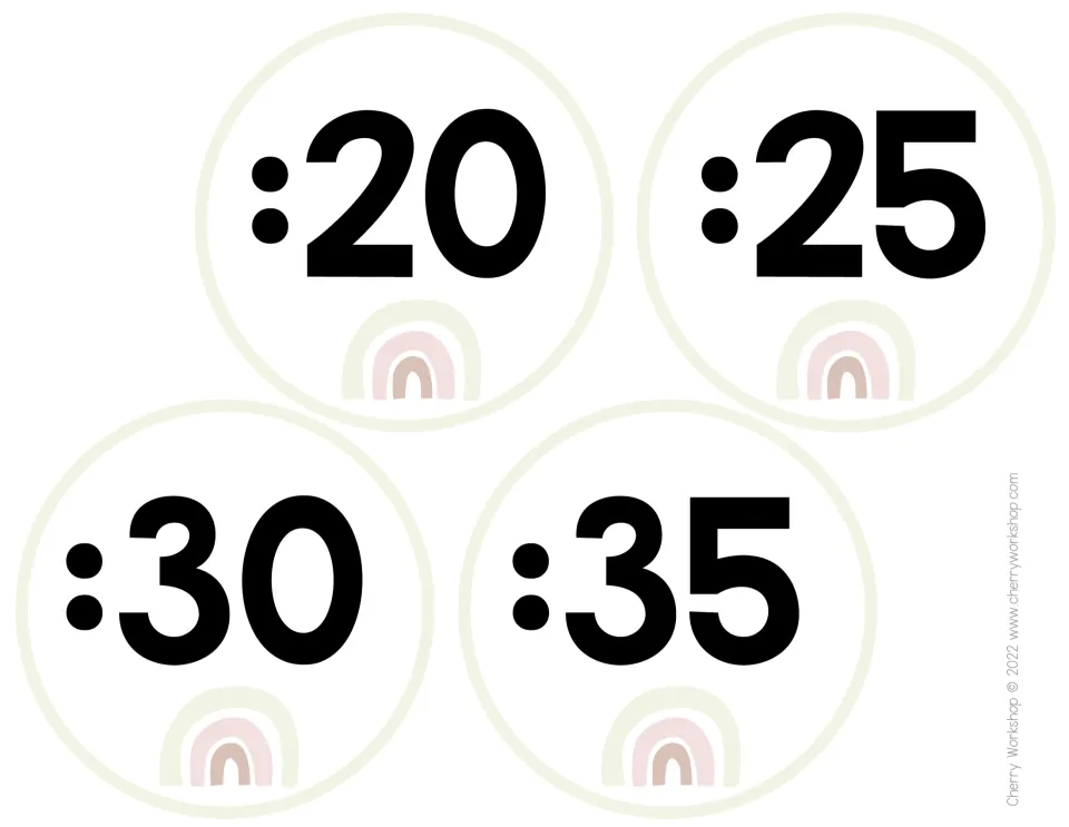 Cream minute labels :20, :25, :30 and :35, bold black numbers with a soft pink rainbow tucked beneath each one