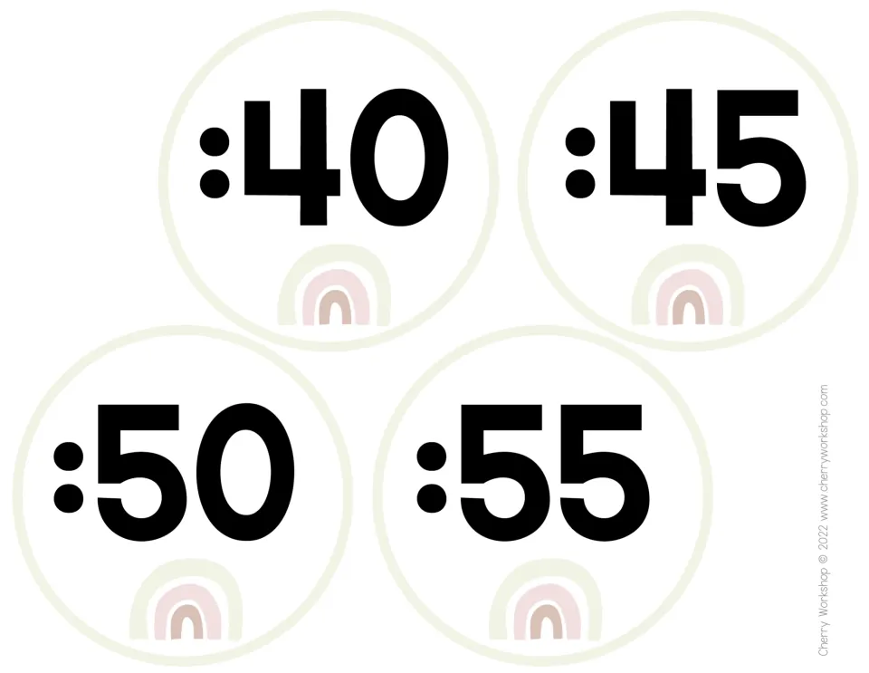 Last cream-set minute labels :40, :45, :50 and :55 with small rainbows, completing the five-minute count around a clock