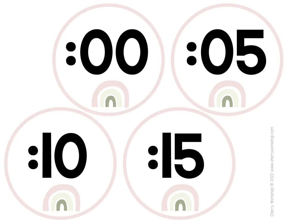 Blush pink minute labels :00, :05, :10 and :15, each number above a sage green and cream rainbow, for skip counting by 5s