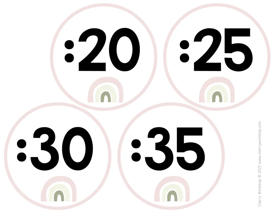 Blush minute labels :20, :25, :30 and :35 with sage rainbows, marking the lower clock face in five-minute steps