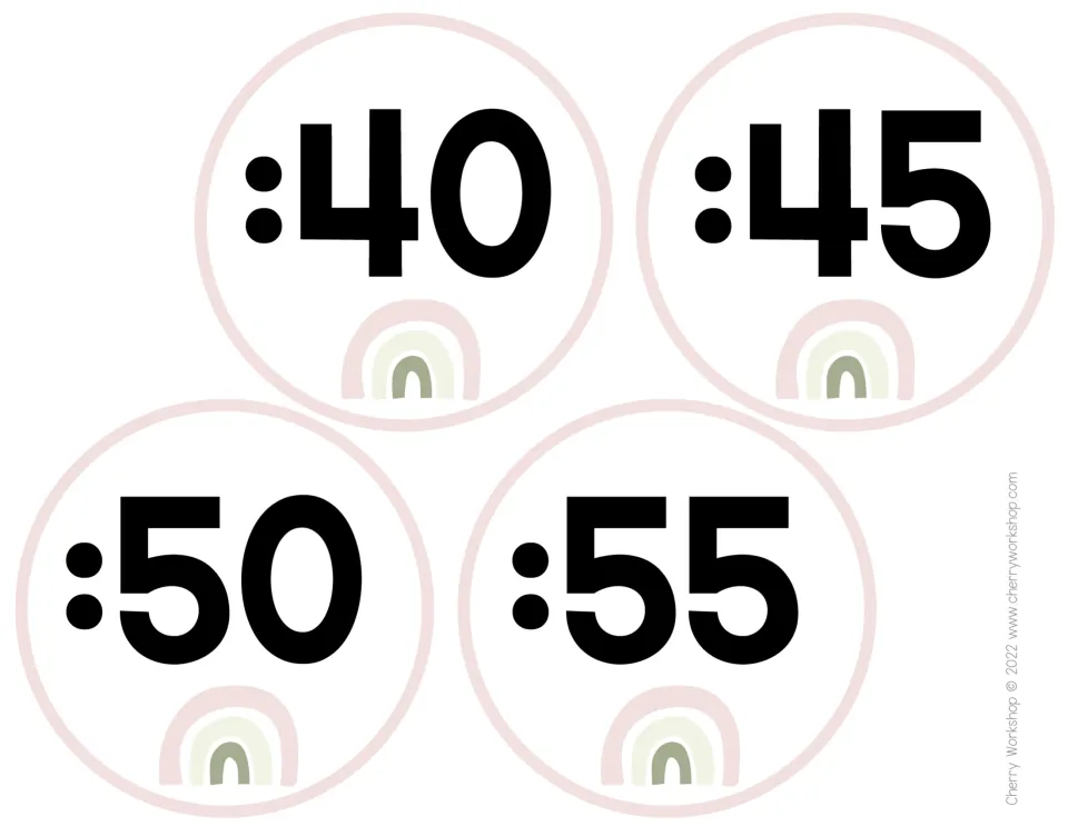 Blush minute labels :40, :45, :50 and :55 with sage and cream rainbows, the final four of the pink set for telling time