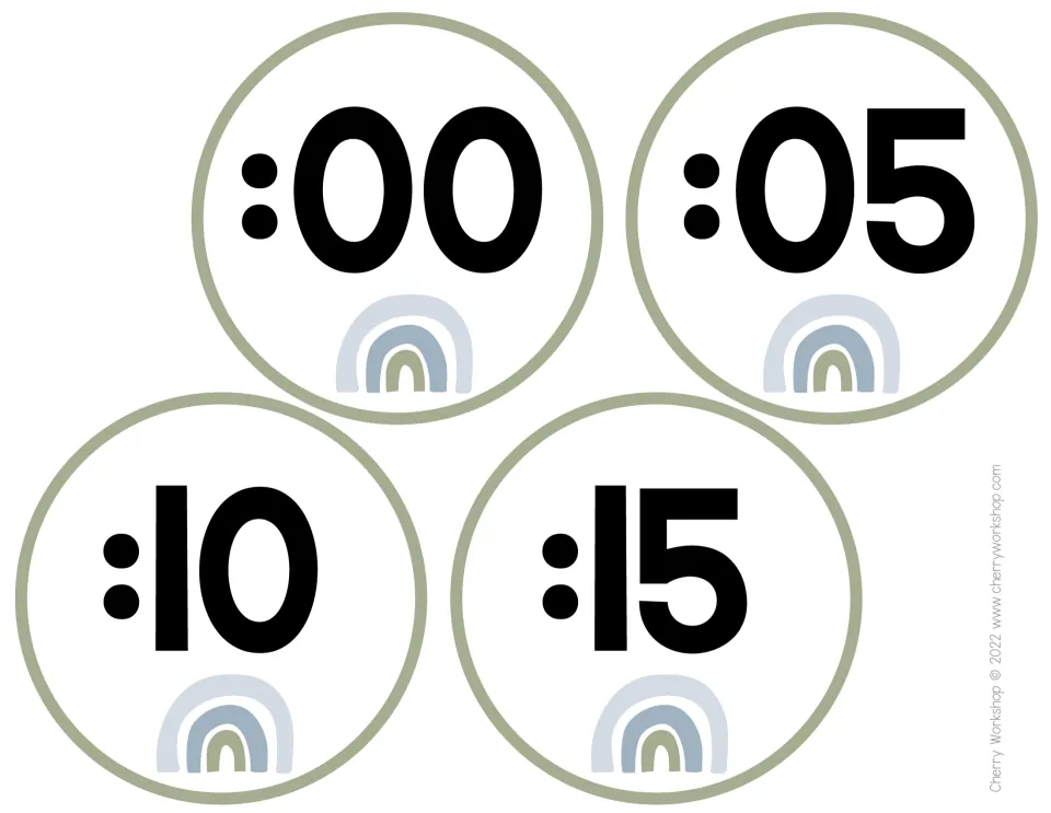 Sage green minute labels :00, :05, :10 and :15 with dusty blue and sage rainbows, a third colorway for the wall clock