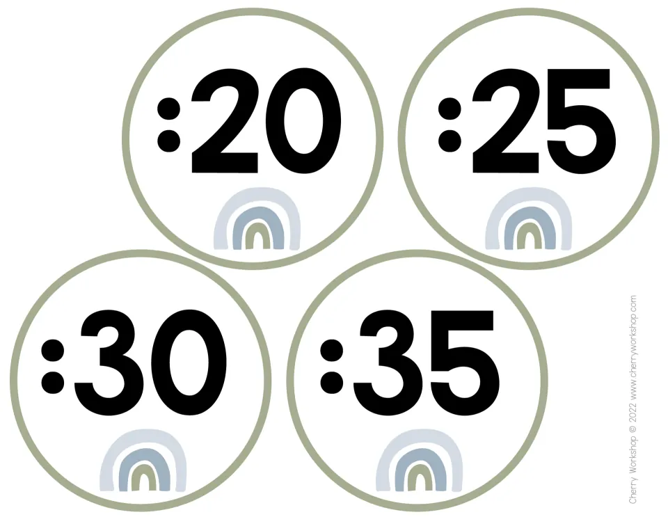 Sage minute labels :20, :25, :30 and :35, each paired with a muted blue rainbow, for counting minutes by fives on a clock