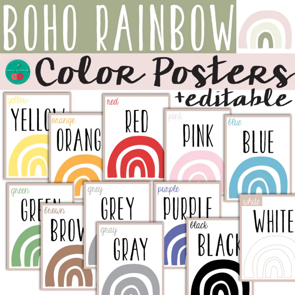 Boho Rainbow Color Posters +editable cover: color word posters from yellow, red and pink to grey, gray, black and white