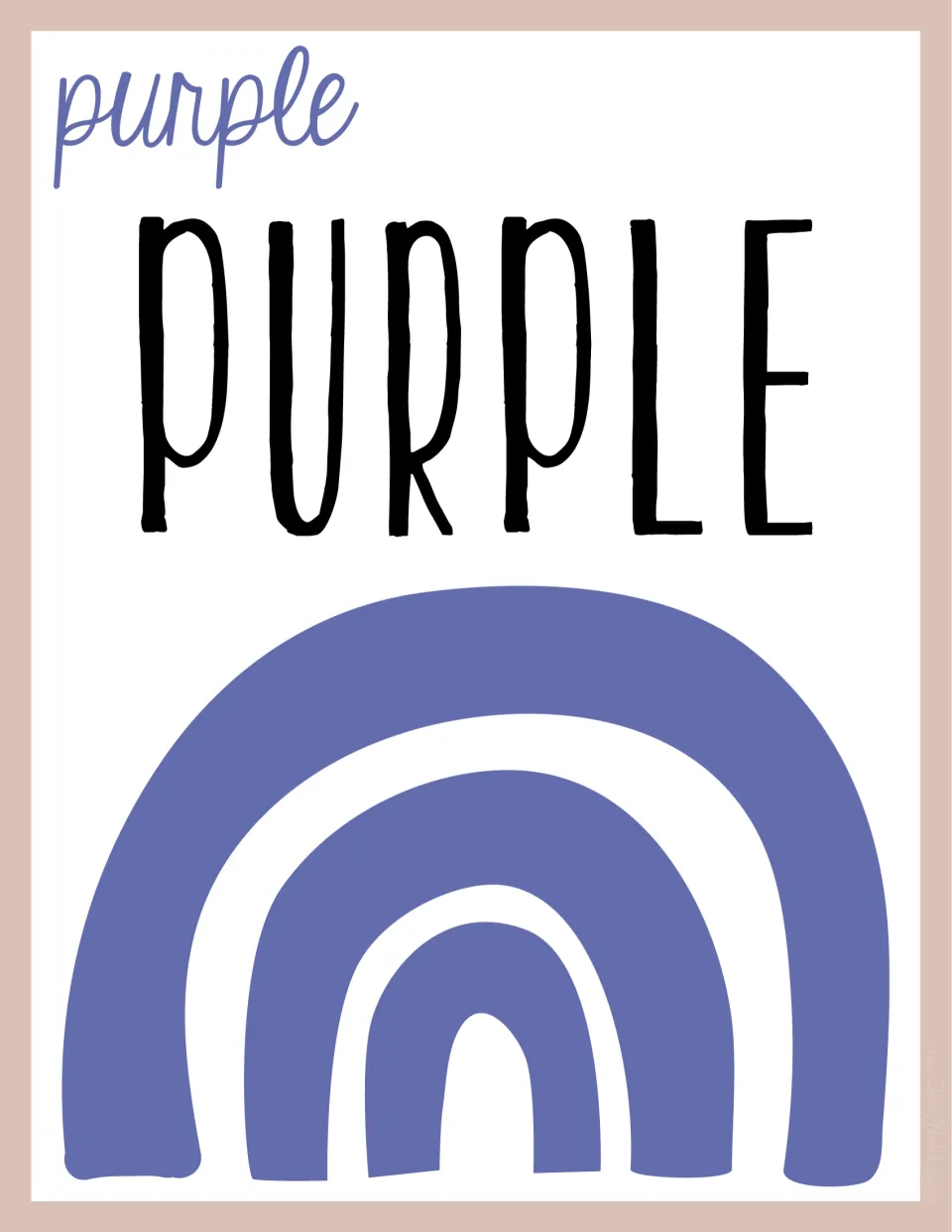 Purple poster with the word PURPLE in capital letters and purple script above a periwinkle-purple rainbow for color words
