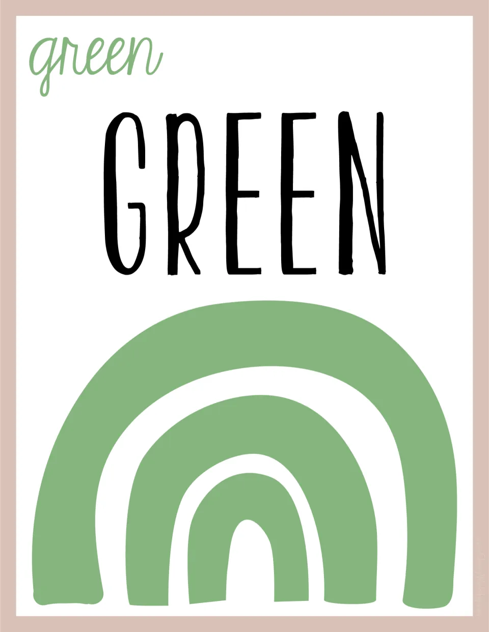 Green color word poster displaying GREEN in print capitals and green cursive over a sage green rainbow for color reading