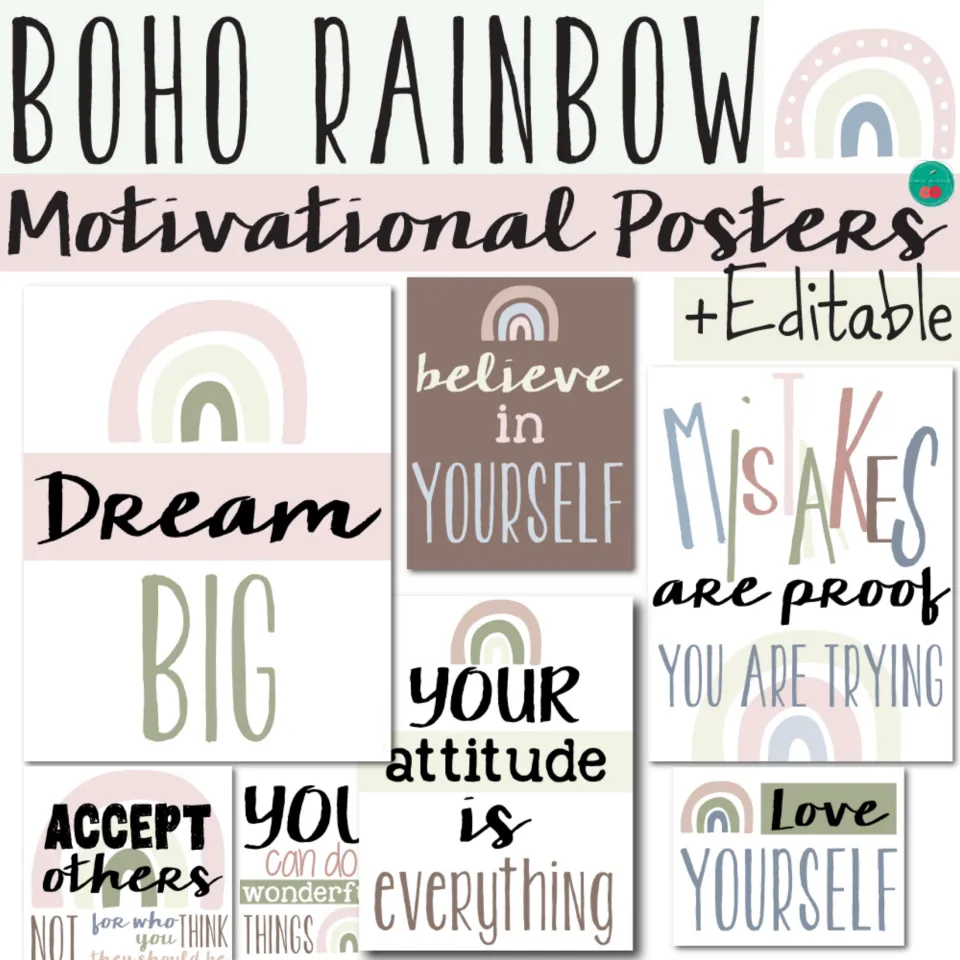 Boho rainbow motivational posters, editable: sample posters read Dream Big, Believe in Yourself and Love Yourself