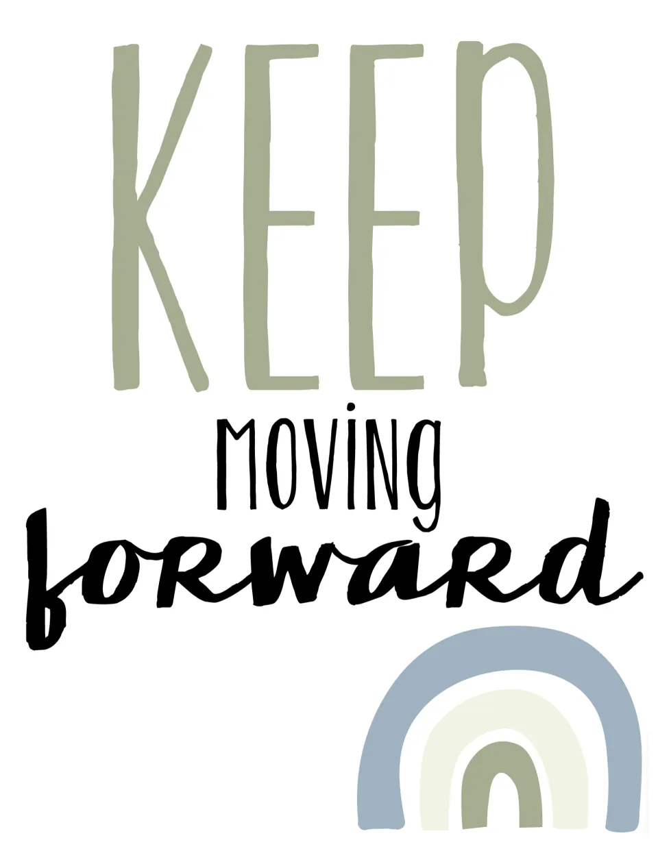 Keep Moving Forward poster with KEEP in sage green, moving forward in black script, and a blue, cream and sage rainbow
