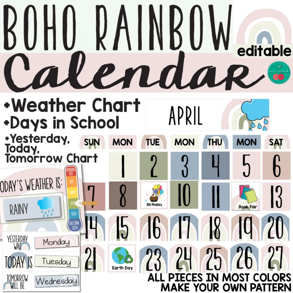 Boho Rainbow editable calendar cover: April month display, weather chart, days in school and yesterday, today, tomorrow