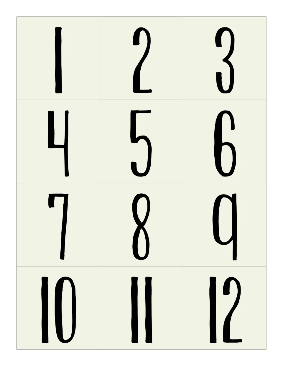 Calendar date cards 1 to 12 in cream, large hand-lettered numbers for cutting out and posting on the monthly calendar