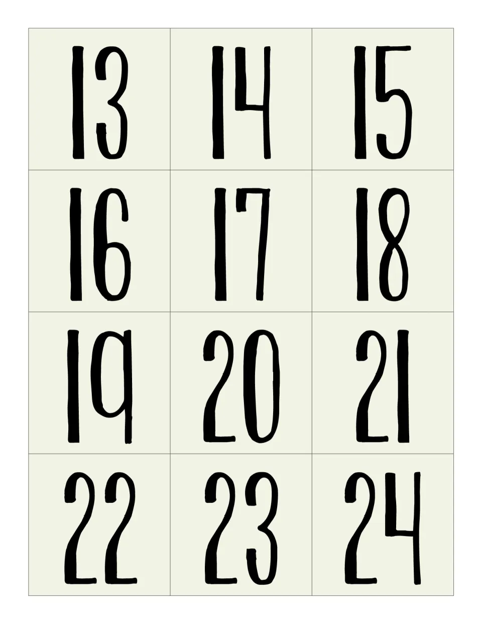 Cream calendar date cards 13 to 24 with large hand-lettered numbers, to cut apart and add to the classroom month display