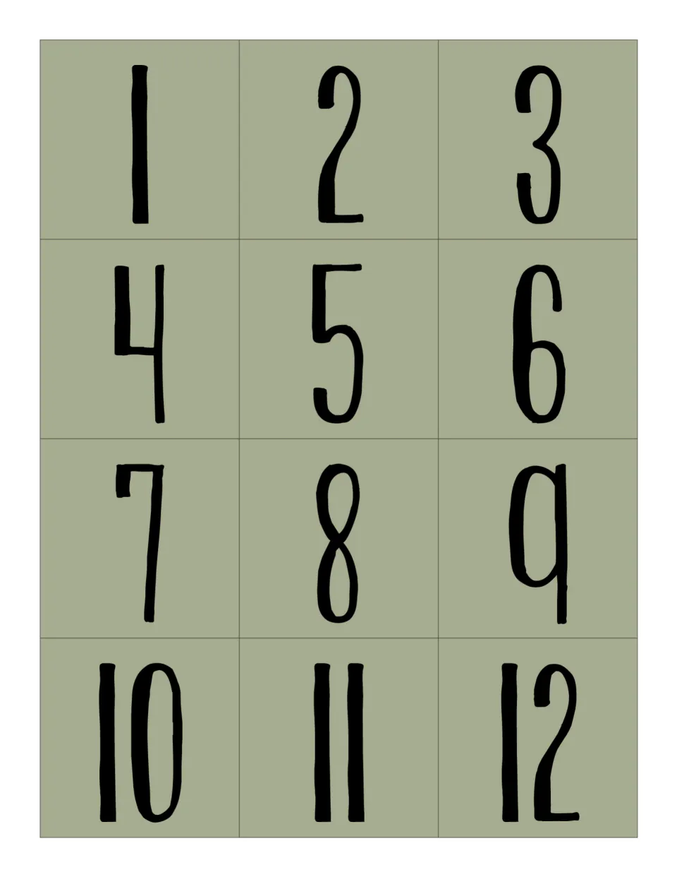 Sage green calendar date cards 1 to 12 in hand-lettered numbers, an alternate color for building a pattern on the calendar