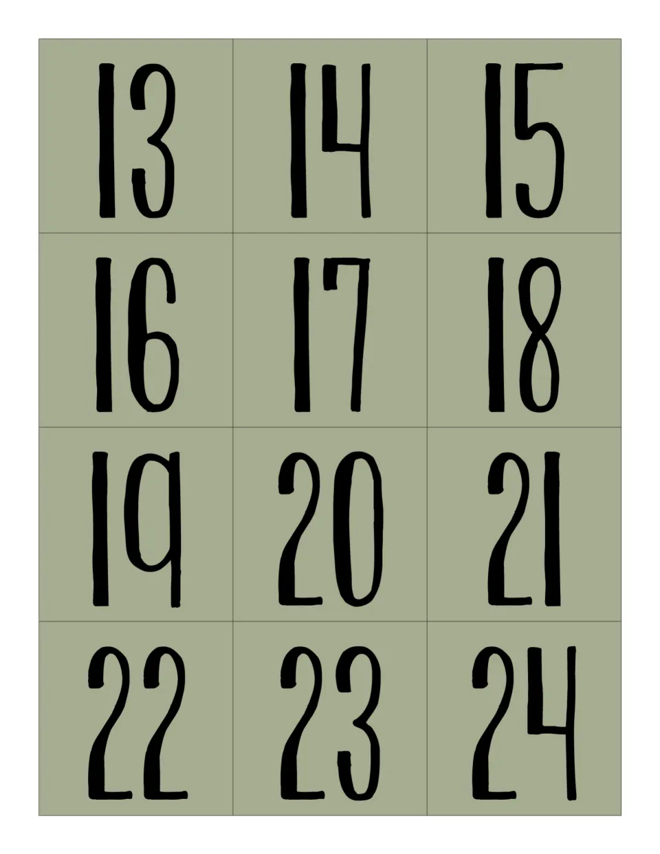 Sage green date cards 13 to 24 with tall hand-lettered numbers, cut apart for the classroom calendar