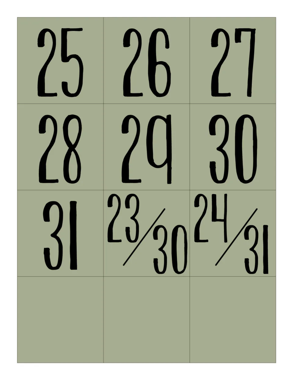 Sage green date cards 25 to 31, split 23/30 and 24/31 cards for shared calendar squares, and three blank green cards