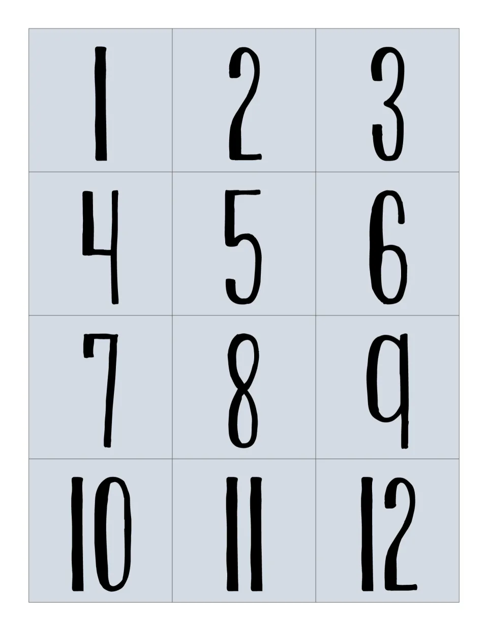 Light blue calendar date cards 1 to 12 with tall hand-lettered numbers, one of the color options for the monthly display