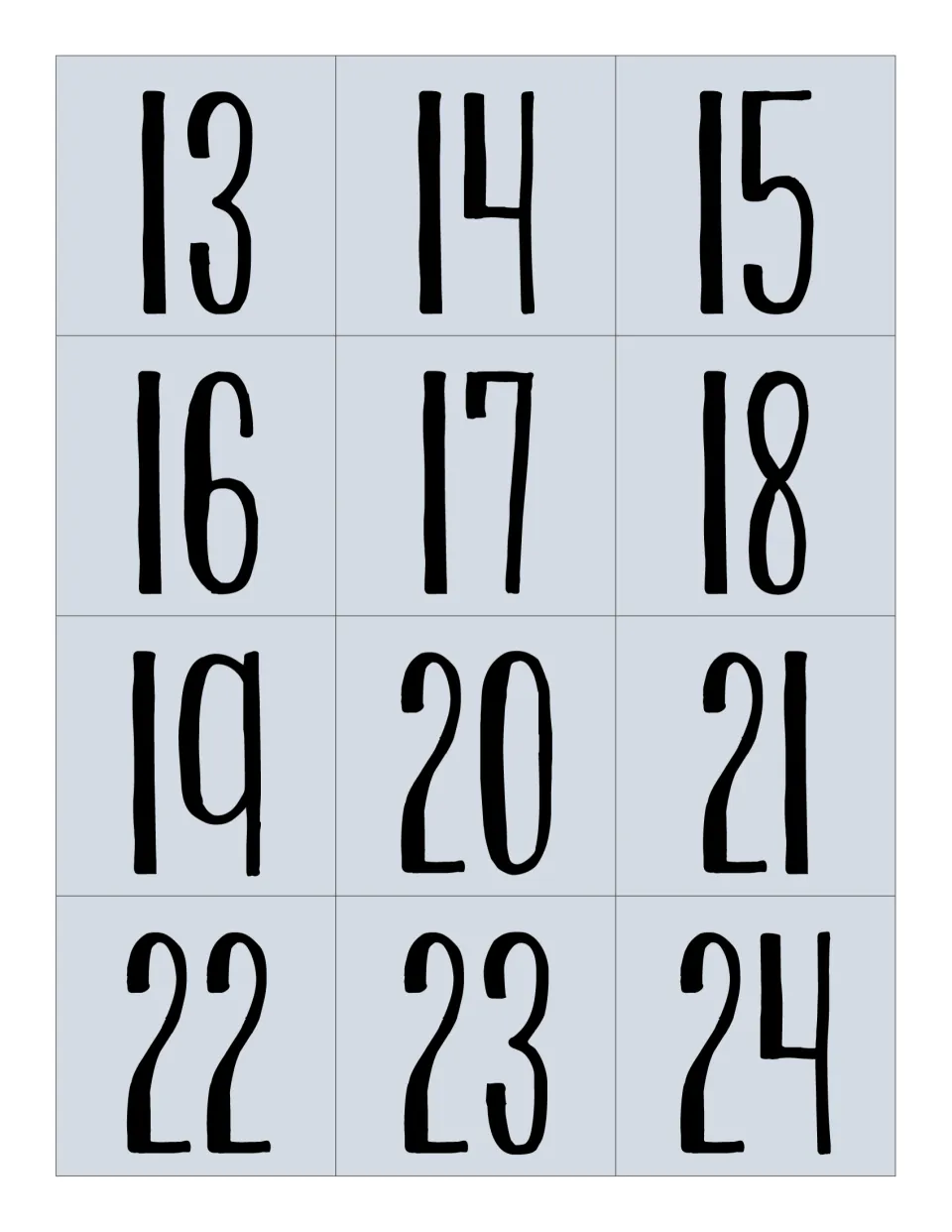 Light blue date cards 13 to 24 in tall hand-lettered numbers, printed twelve to a sheet for cutting and posting