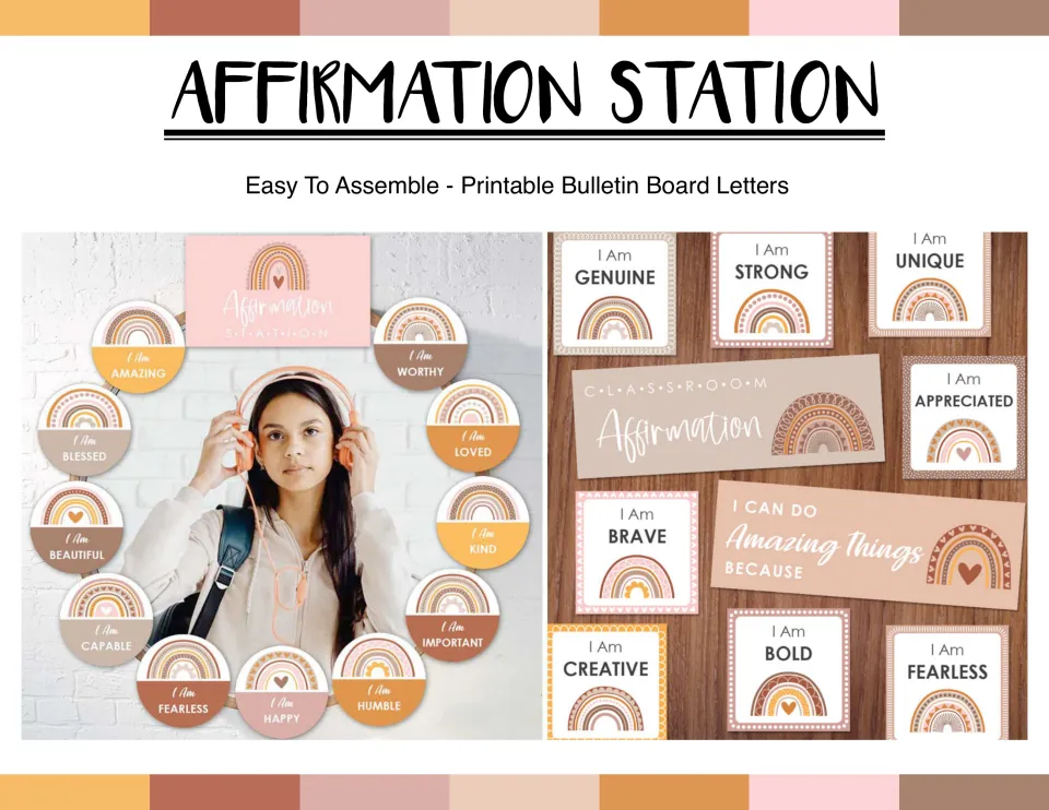 Affirmation Station kit cover showing sample classroom displays with round and square affirmation cards
