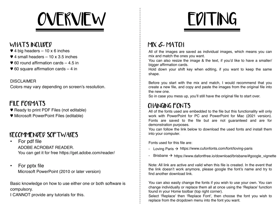Kit overview lists header and card counts, PDF and PowerPoint formats, and instructions for editing