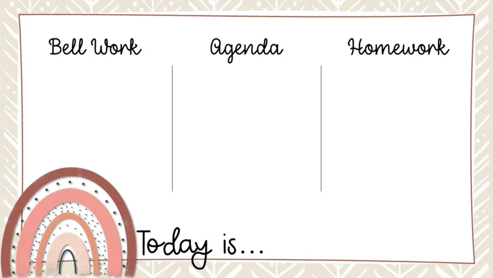 Daily agenda slide, design 1 of 4, pre-labeled with Bell Work, Agenda, Homework, and Today is...