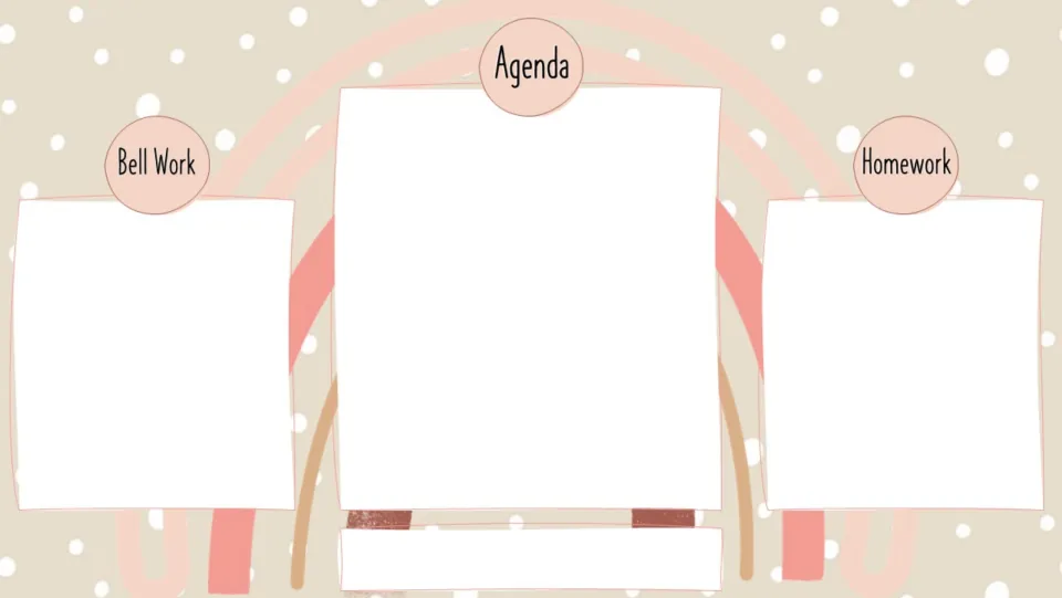 Daily agenda slide, design 2 of 4, pre-labeled with Bell Work, Agenda, and Homework for daily information