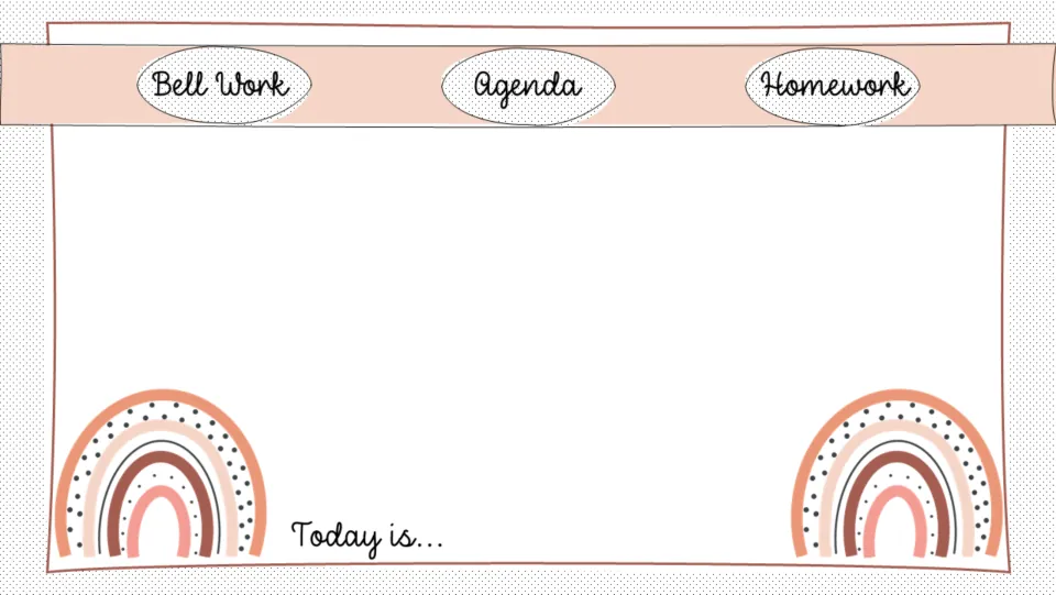 Daily agenda slide, design 4 of 4, featuring Bell Work, Agenda, Homework, and a Today is... prompt