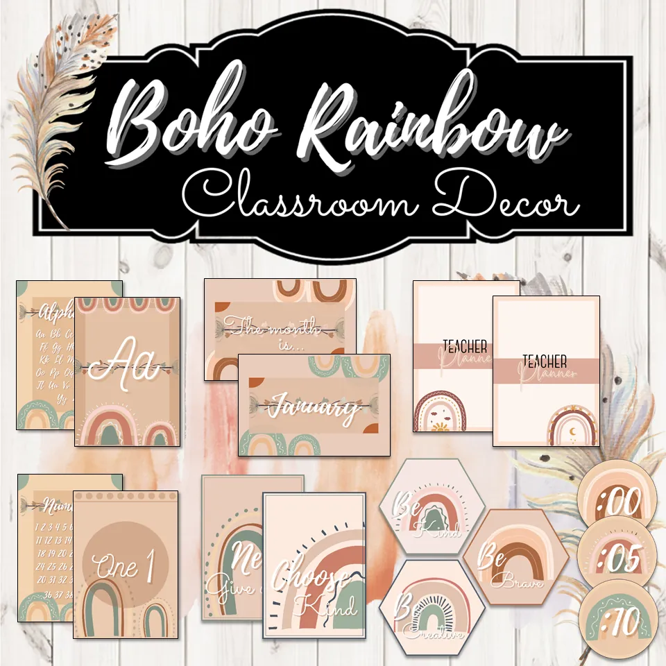 Boho Rainbow Neutral Classroom Decor Set - Bohemian Rainbow Classroom Theme – cover
