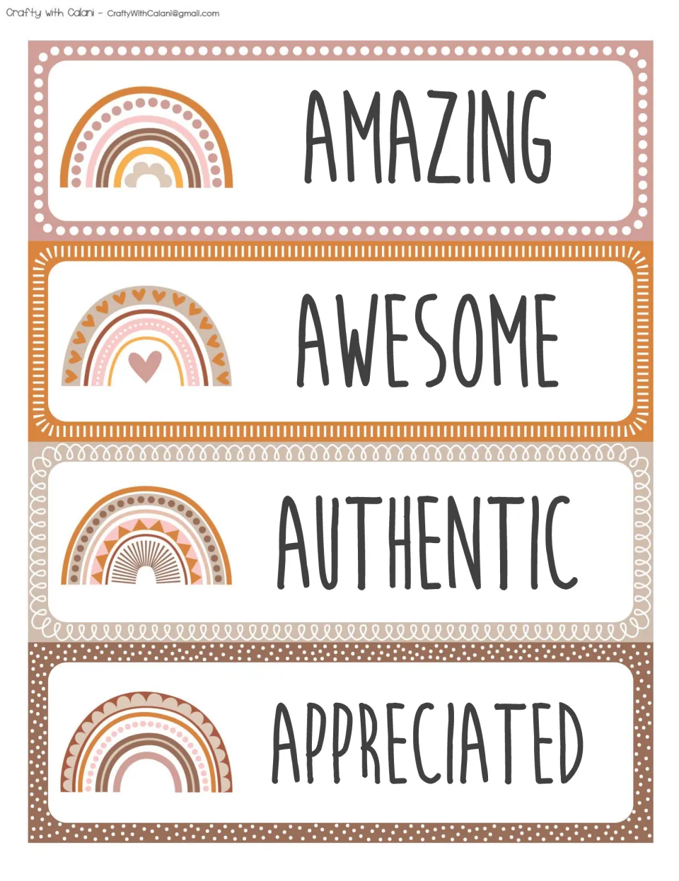 Affirmation word cards: AMAZING, AWESOME, AUTHENTIC and APPRECIATED, each printed beside a muted boho rainbow