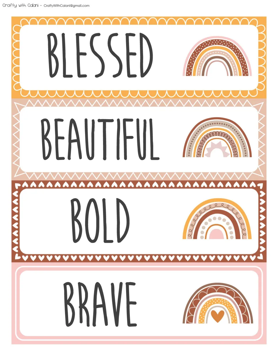 Affirmation words starting with B: BLESSED, BEAUTIFUL, BOLD and BRAVE in bold print with a rainbow on each card