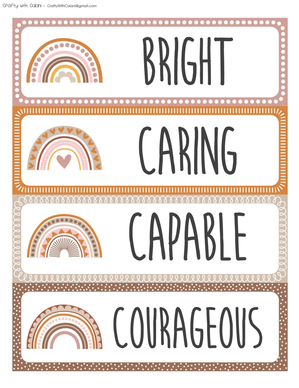 Four positive trait cards reading BRIGHT, CARING, CAPABLE and COURAGEOUS, each paired with a pink and rust rainbow