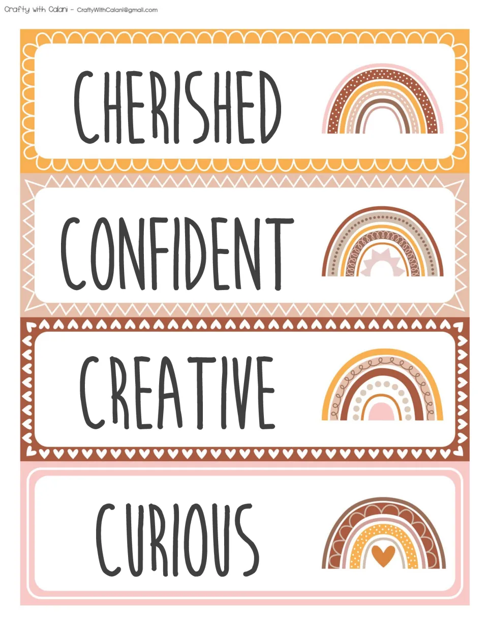 Word cards CHERISHED, CONFIDENT, CREATIVE and CURIOUS for an affirmation wall, with a boho rainbow at the right of each