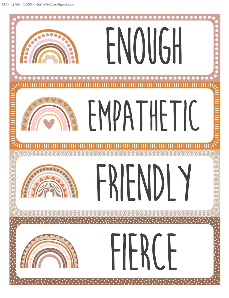 Affirmation cards reading ENOUGH, EMPATHETIC, FRIENDLY and FIERCE, each with a small boho rainbow at the left side