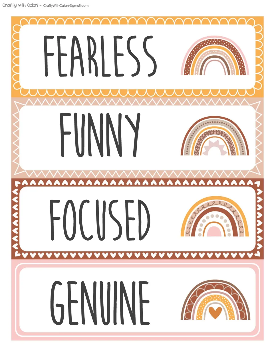 Trait word cards FEARLESS, FUNNY, FOCUSED and GENUINE in dark hand-lettered type with an orange and brown rainbow