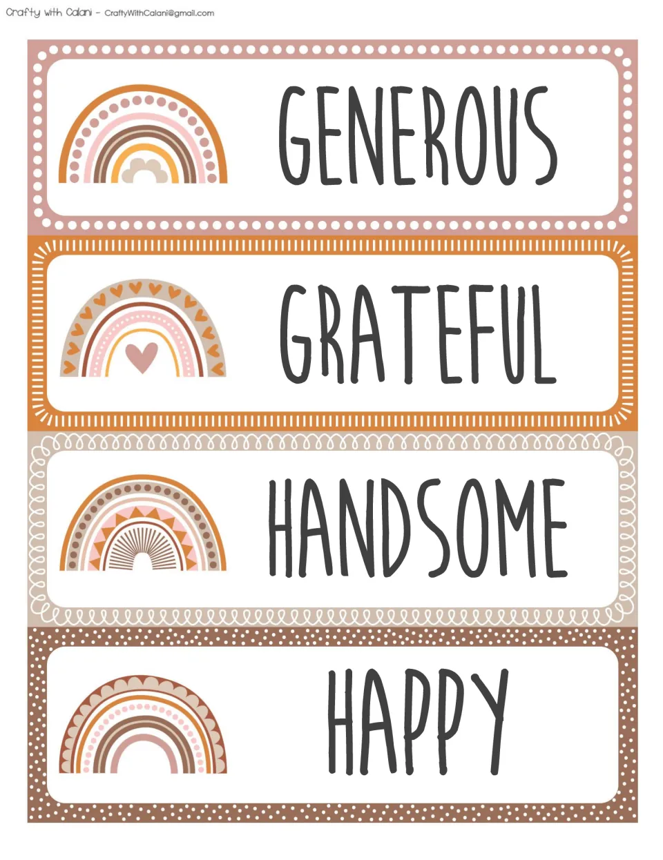 Positive words GENEROUS, GRATEFUL, HANDSOME and HAPPY printed as four cards with a pastel rainbow on each one