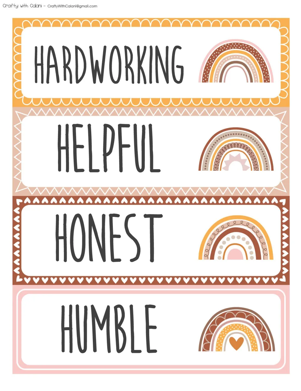 Character word cards HARDWORKING, HELPFUL, HONEST and HUMBLE, each set in dark capital letters next to a boho rainbow